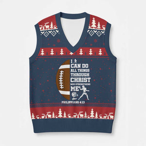 Christian Football V-Neck Knit Sweater Vest I Can Do All Things Through Christ Bible Verse TS12 Navy Red Print Your Wear