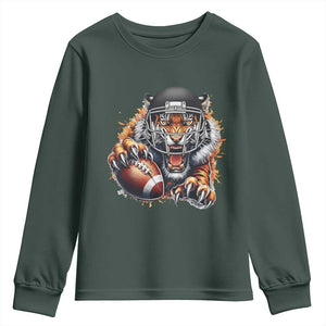 Funny Bengal Tiger With Helmet Youth Sweatshirt Football Lover Gift TS12 Dark Forest Green Print Your Wear