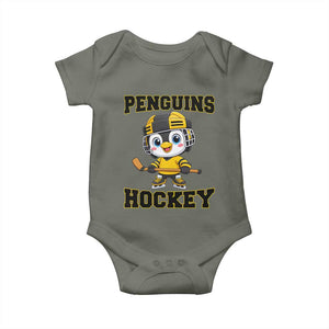 Funny Penguin Playing Ice Hockey Baby Onesie Winter Sports Gift TS12 Military Green Print Your Wear