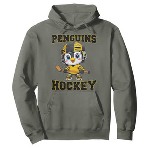 Funny Penguin Playing Ice Hockey Hoodie Winter Sports Gift TS12 Military Green Print Your Wear