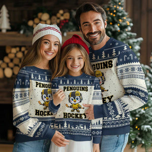 Funny Penguin Playing Ice Hockey Ugly Christmas Sweater Winter Sports Gift TS12 Beige Navy Print Your Wear