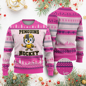 Funny Penguin Playing Ice Hockey Ugly Christmas Sweater Winter Sports Gift TS12 Hot Pink Print Your Wear