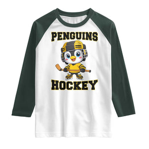 Funny Penguin Playing Ice Hockey Raglan Shirt Winter Sports Gift TS12 White Dark Forest Green Print Your Wear