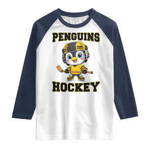 Funny Penguin Playing Ice Hockey Raglan Shirt Winter Sports Gift TS12 White Navy Print Your Wear