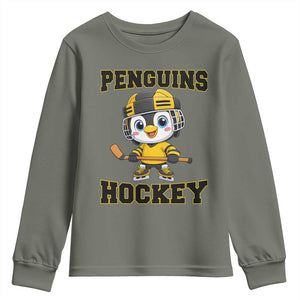 Funny Penguin Playing Ice Hockey Youth Sweatshirt Winter Sports Gift TS12 Military Green Print Your Wear