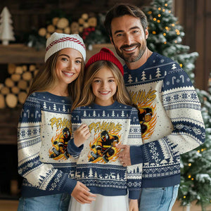 Penguin Playing Ice Hockey Ugly Christmas Sweater Funny Sports Fan Gift TS12 Beige Navy Print Your Wear