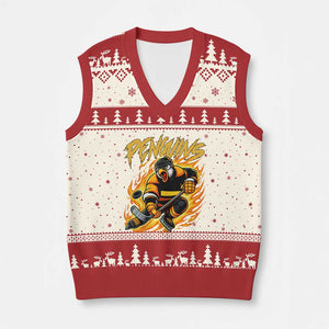 Penguin Playing Ice Hockey V-Neck Knit Sweater Vest Funny Sports Fan Gift TS12 Beige Red Print Your Wear