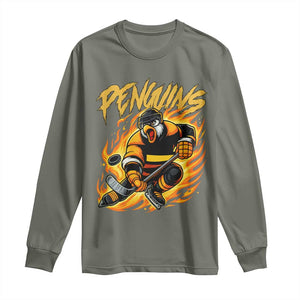Penguin Playing Ice Hockey Long Sleeve Shirt Funny Sports Fan Gift TS12 Military Green Print Your Wear