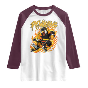 Penguin Playing Ice Hockey Raglan Shirt - Funny Sports Fan Gift Tee TS12 White Maroon Print Your Wear