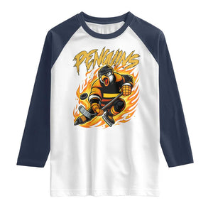 Penguin Playing Ice Hockey Raglan Shirt - Funny Sports Fan Gift Tee TS12 White Navy Print Your Wear