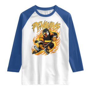 Penguin Playing Ice Hockey Raglan Shirt - Funny Sports Fan Gift Tee TS12 White Royal Print Your Wear