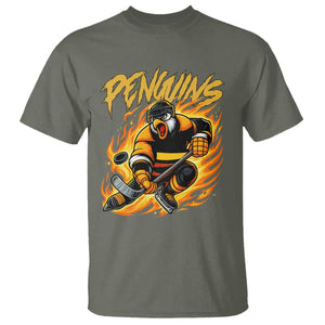 Penguin Playing Ice Hockey T Shirt Funny Sports Fan Gift TS12 Military Green Print Your Wear