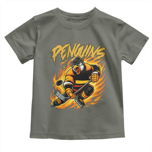 Penguin Playing Ice Hockey Toddler T Shirt Funny Sports Fan Gift TS12 Military Green Print Your Wear