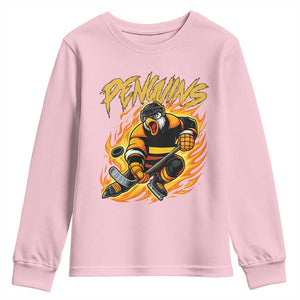Penguin Playing Ice Hockey Youth Sweatshirt Funny Sports Fan Gift TS12 Light Pink Print Your Wear