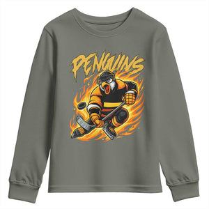 Penguin Playing Ice Hockey Youth Sweatshirt Funny Sports Fan Gift TS12 Military Green Print Your Wear