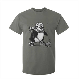 Cute Penguin Playing Ice Hockey T Shirt For Kid Funny Sports Lover Gift TS12 Military Green Print Your Wear