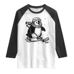 Cute Penguin Playing Ice Hockey Raglan Shirt Funny Sports Lover Gift TS12 White Black Print Your Wear