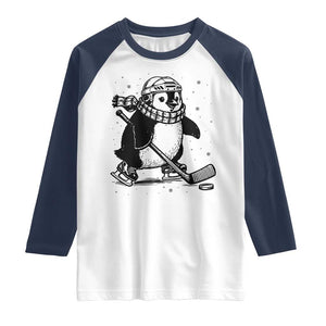 Cute Penguin Playing Ice Hockey Raglan Shirt Funny Sports Lover Gift TS12 White Navy Print Your Wear