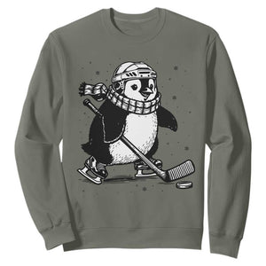 Cute Penguin Playing Ice Hockey Sweatshirt Funny Sports Lover Gift TS12 Military Green Print Your Wear