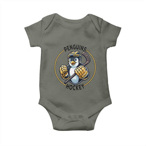 Funny Penguin Hockey Player Baby Onesie Gift For Animal Lovers TS12 Military Green Print Your Wear
