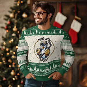 Funny Penguin Hockey Player Ugly Christmas Sweater Gift For Animal Lovers TS12 Beige Green Print Your Wear