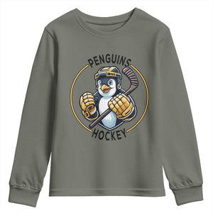 Funny Penguin Hockey Player Youth Sweatshirt Gift For Animal Lovers TS12 Military Green Print Your Wear