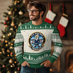 Funny Penguin Hockey Player Ugly Christmas Sweater Sports Fan Gift TS12 Beige Green Print Your Wear