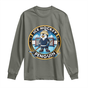 Funny Penguin Hockey Player Long Sleeve Shirt Sports Fan Gift TS12 Military Green Print Your Wear