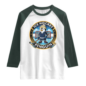 Funny Penguin Hockey Player Raglan Shirt Sports Fan Gift TS12 White Dark Forest Green Print Your Wear