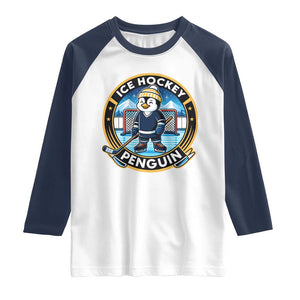 Funny Penguin Hockey Player Raglan Shirt Sports Fan Gift TS12 White Navy Print Your Wear