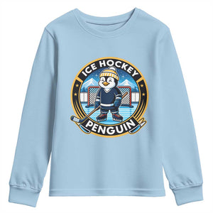 Funny Penguin Hockey Player Youth Sweatshirt Sports Fan Gift TS12 Light Blue Print Your Wear