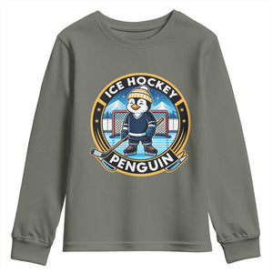 Funny Penguin Hockey Player Youth Sweatshirt Sports Fan Gift TS12 Military Green Print Your Wear
