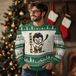 Funny Penguin Playing Ice Hockey Ugly Christmas Sweater Gift For Kids TS12 Beige Green Print Your Wear