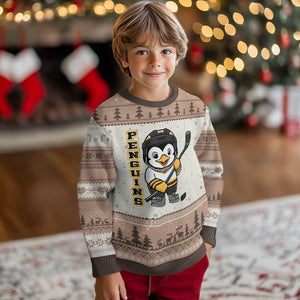 Funny Penguin Playing Ice Hockey Ugly Christmas Sweater Gift For Kids TS12 Mocha Mousse Print Your Wear