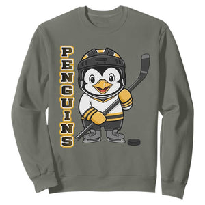 Funny Penguin Playing Ice Hockey Sweatshirt Gift For Kids TS12 Military Green Print Your Wear