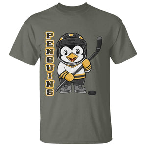 Funny Penguin Playing Ice Hockey T Shirt Gift For Kids TS12 Military Green Print Your Wear