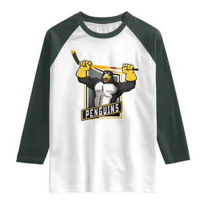 Funny Ice Hockey Player Gift Raglan Shirt Penguin Power TS12 White Dark Forest Green Print Your Wear