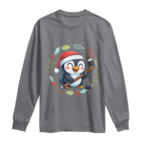 Cute Penguin Playing Ice Hockey Long Sleeve Shirt Funny Christmas Gift TS12 Charcoal Print Your Wear