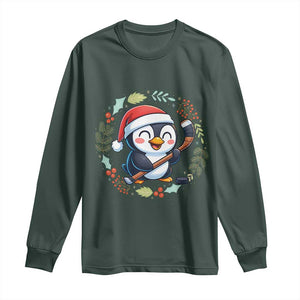 Cute Penguin Playing Ice Hockey Long Sleeve Shirt Funny Christmas Gift TS12 Dark Forest Green Print Your Wear