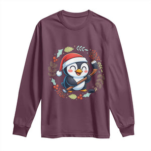 Cute Penguin Playing Ice Hockey Long Sleeve Shirt Funny Christmas Gift TS12 Maroon Print Your Wear