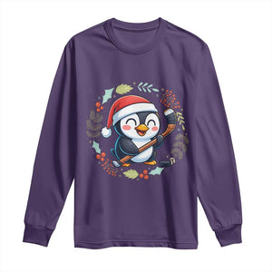 Cute Penguin Playing Ice Hockey Long Sleeve Shirt Funny Christmas Gift TS12 Purple Print Your Wear