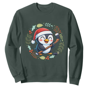 Cute Penguin Playing Ice Hockey Sweatshirt Funny Christmas Gift TS12 Dark Forest Green Print Your Wear