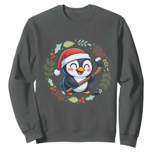 Cute Penguin Playing Ice Hockey Sweatshirt Funny Christmas Gift TS12 Dark Heather Print Your Wear
