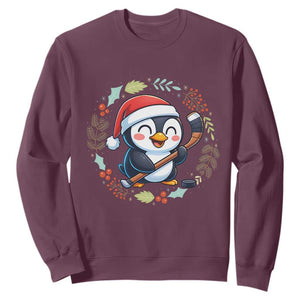 Cute Penguin Playing Ice Hockey Sweatshirt Funny Christmas Gift TS12 Maroon Print Your Wear