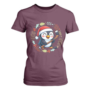Cute Penguin Playing Ice Hockey T Shirt For Women Funny Christmas Gift TS12 Maroon Print Your Wear