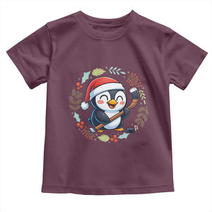 Cute Penguin Playing Ice Hockey Toddler T Shirt Funny Christmas Gift TS12 Maroon Print Your Wear