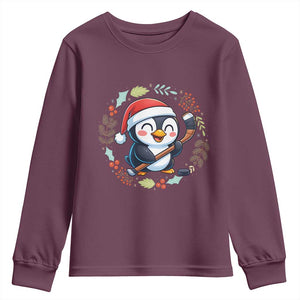 Cute Penguin Playing Ice Hockey Youth Sweatshirt Funny Christmas Gift TS12 Maroon Print Your Wear