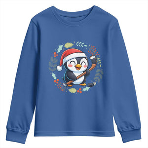 Cute Penguin Playing Ice Hockey Youth Sweatshirt Funny Christmas Gift TS12 Royal Blue Print Your Wear