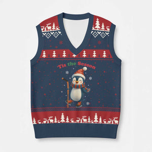 Cute Penguin Tis The Season V-Neck Knit Sweater Vest Funny Xmas Gift For Holiday Fans TS12 Navy Red Print Your Wear