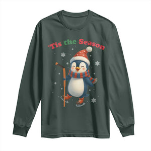 Cute Penguin Tis The Season Long Sleeve Shirt Funny Christmas Gift For Holiday Fans TS12 Dark Forest Green Print Your Wear